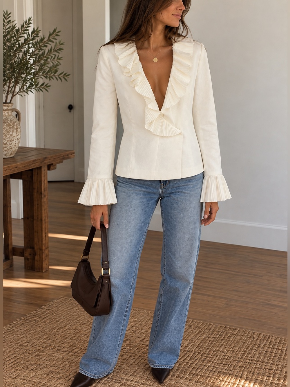 Ellen Tracy White Pleated Ruffle Blazer Jacket Size 6 Statement Feminine